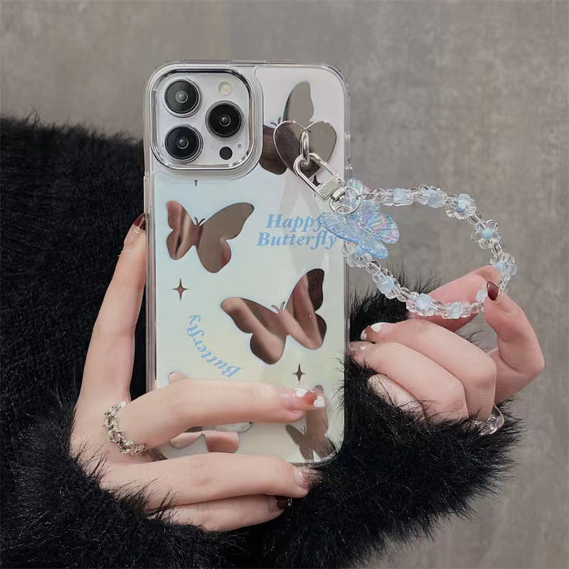 BBYOURS Blue butterfly mirror phone case with blue crystal chain