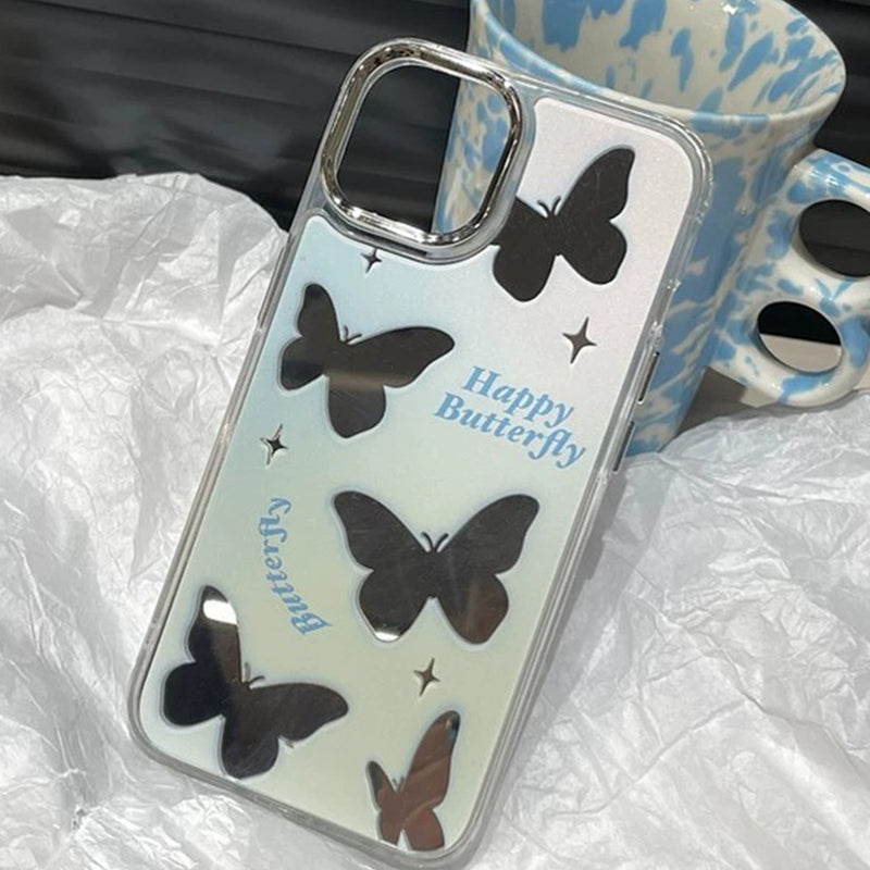 BBYOURS Blue butterfly mirror phone case with blue crystal chain