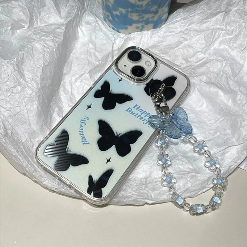 BBYOURS Blue butterfly mirror phone case with blue crystal chain