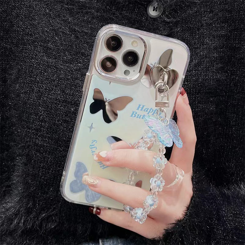 BBYOURS Blue butterfly mirror phone case with blue crystal chain