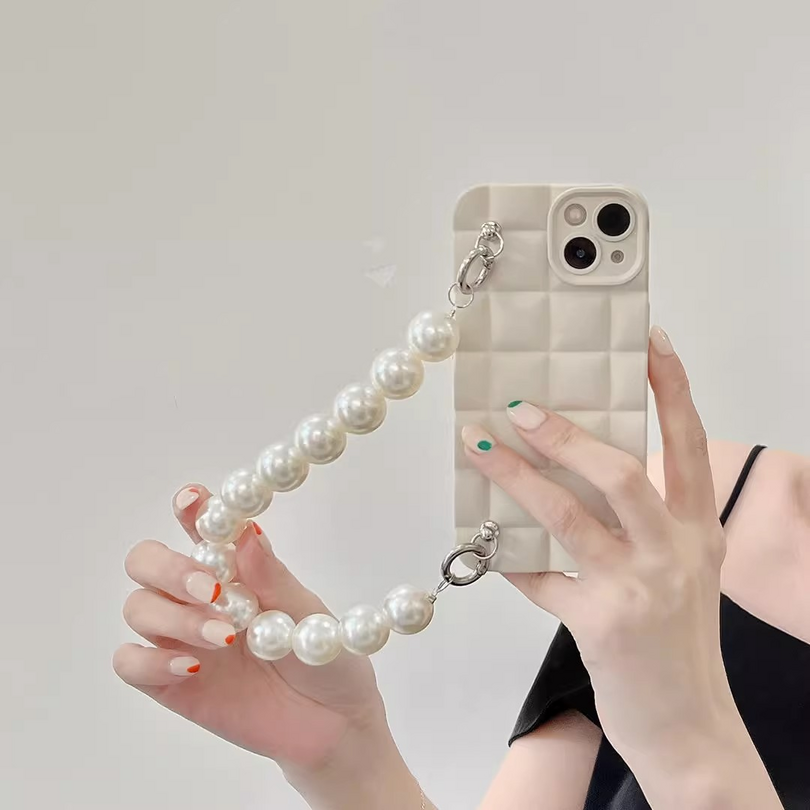 BBYOURS Cubic Square Beige Phone Case with Pearl Chain