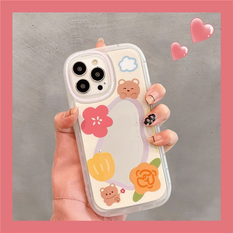 BBYOURS Cute Bear Flower Irregular Mirror Phone Case