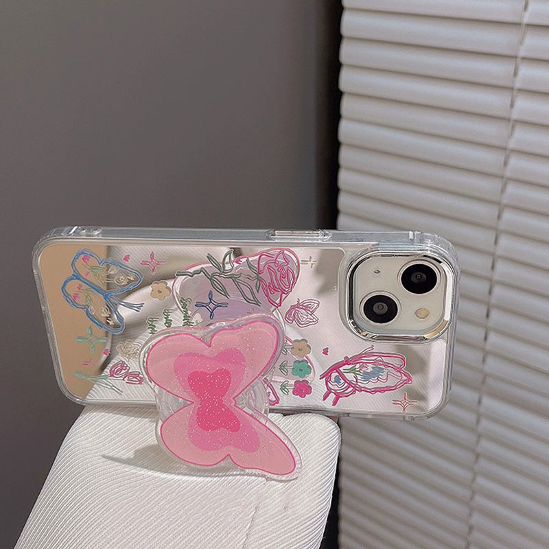 BBYOURS Mirror Butterfly Phone Case with  Pink Butterfly Airbag Holder