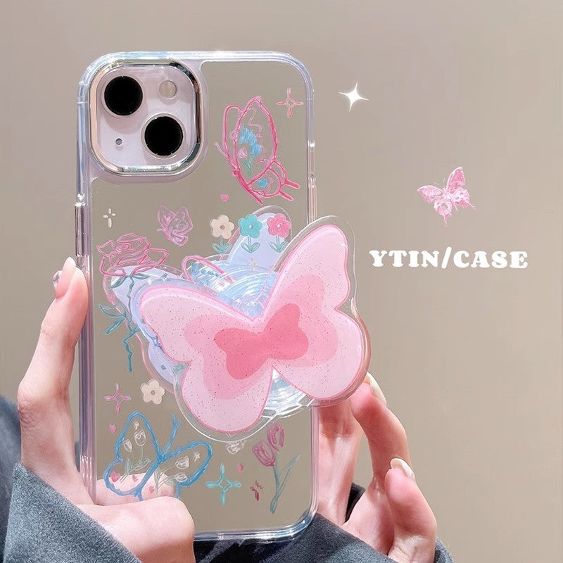 BBYOURS Mirror Butterfly Phone Case with  Pink Butterfly Airbag Holder