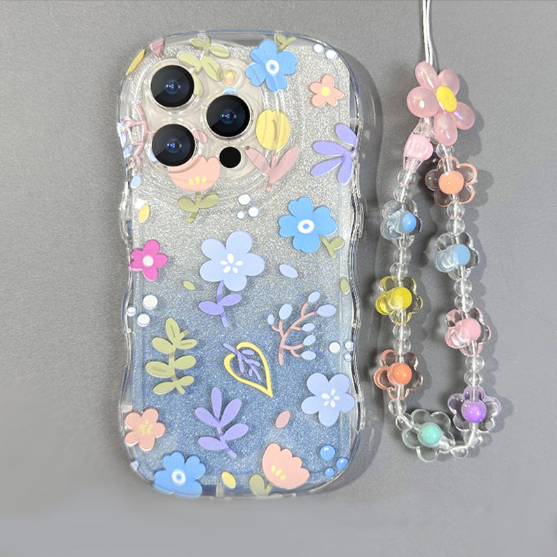 BBYOURS Blue Full Screen Flower With Bling Glitter Film Phone Case