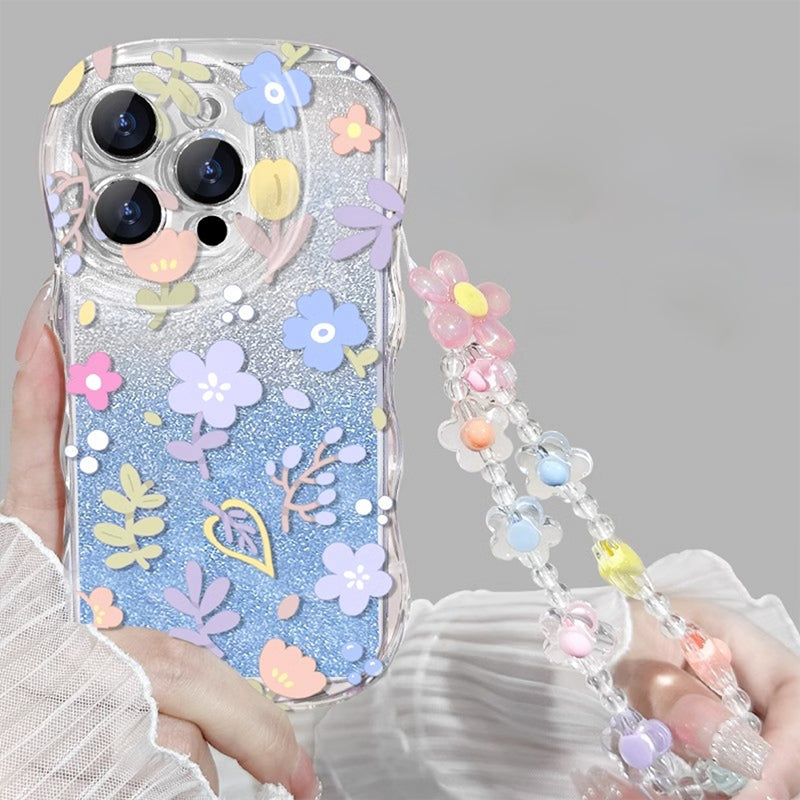 BBYOURS Blue Full Screen Flower With Bling Glitter Film Phone Case