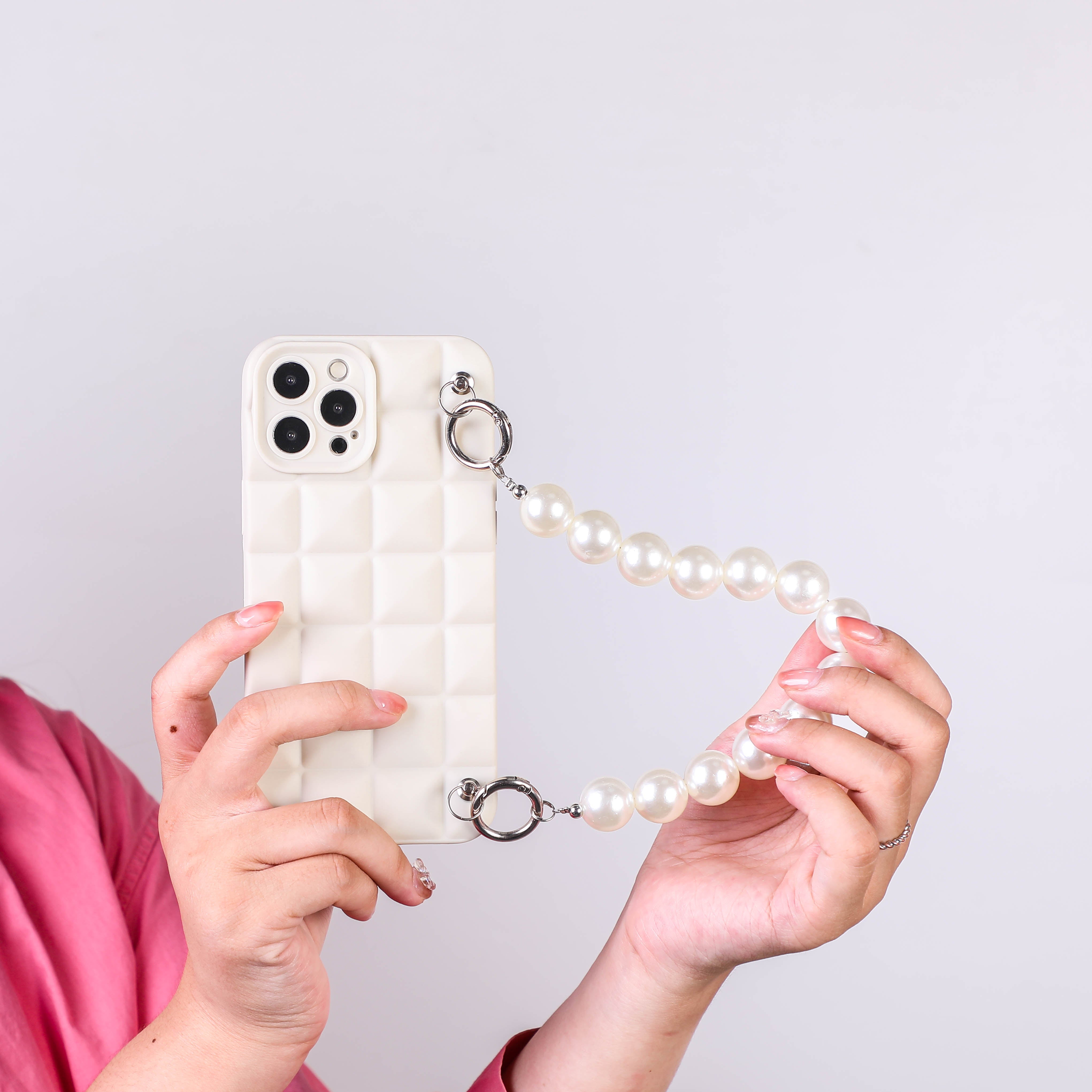 BBYOURS Cubic Square Beige Phone Case with Pearl Chain