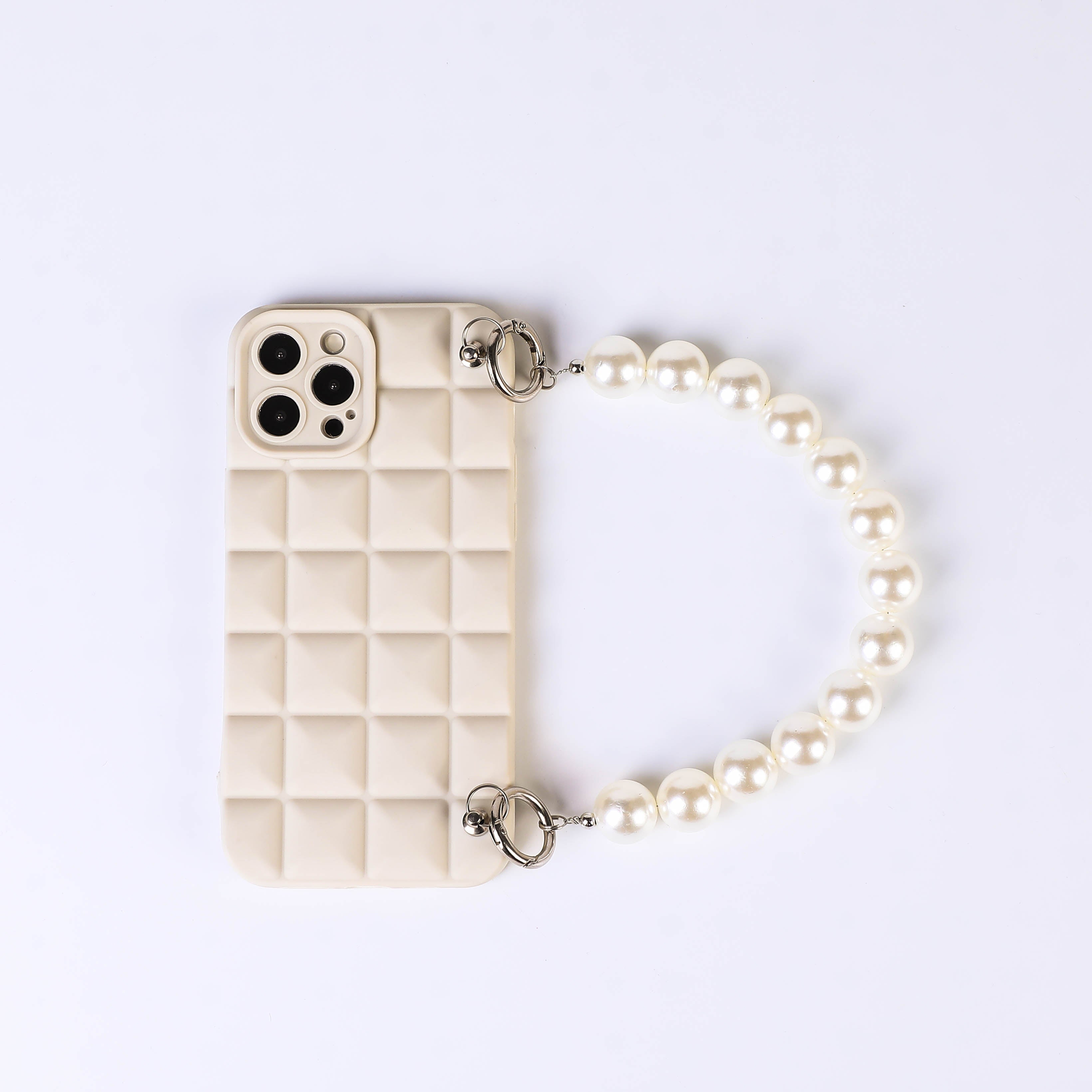 BBYOURS Cubic Square Beige Phone Case with Pearl Chain