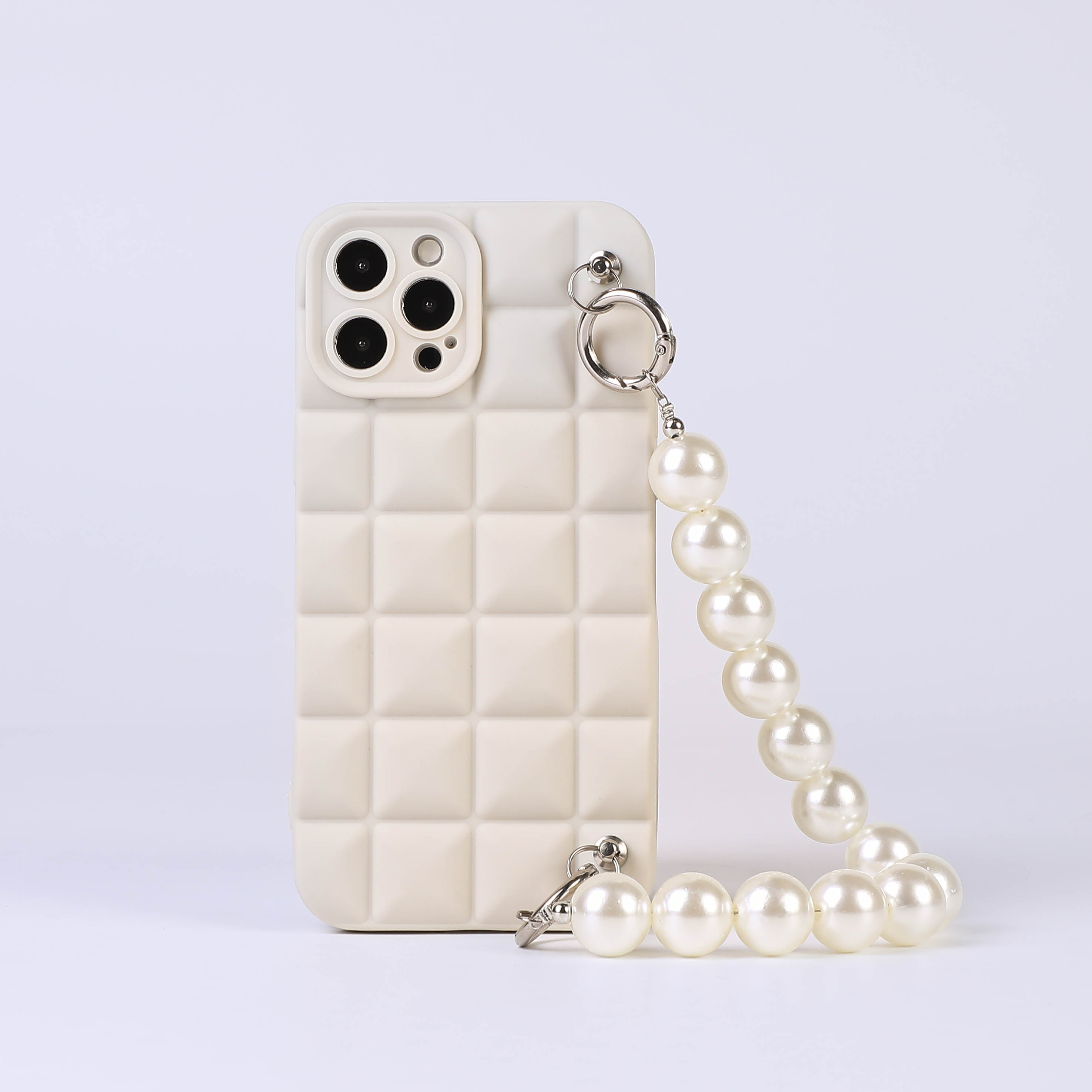 BBYOURS Cubic Square Beige Phone Case with Pearl Chain