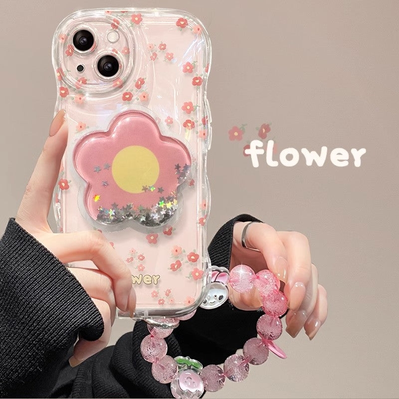 BBYOURS Pink Full Screen Tiny Flower Phone Case with Airbag Holder and Chain