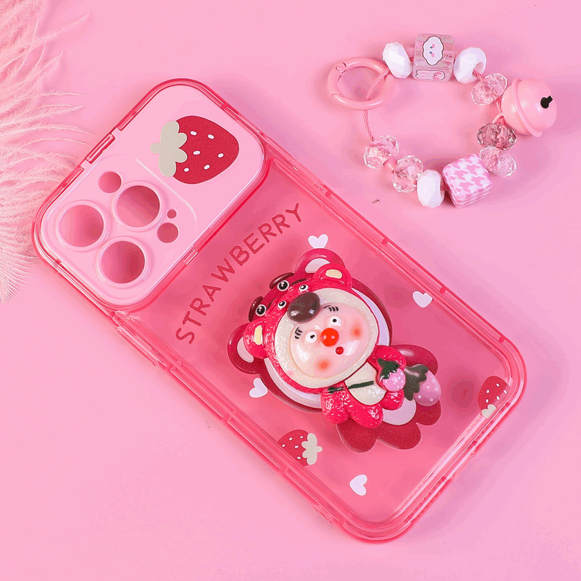 BBYOURS Pink Strawberry Bear Airbag Stand Flip Phone Case