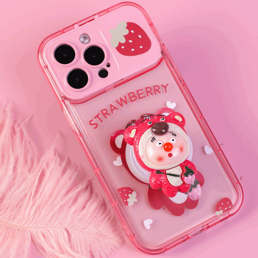 BBYOURS Pink Strawberry Bear Airbag Stand Flip Phone Case