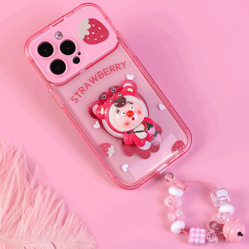 BBYOURS Pink Strawberry Bear Airbag Stand Flip Phone Case