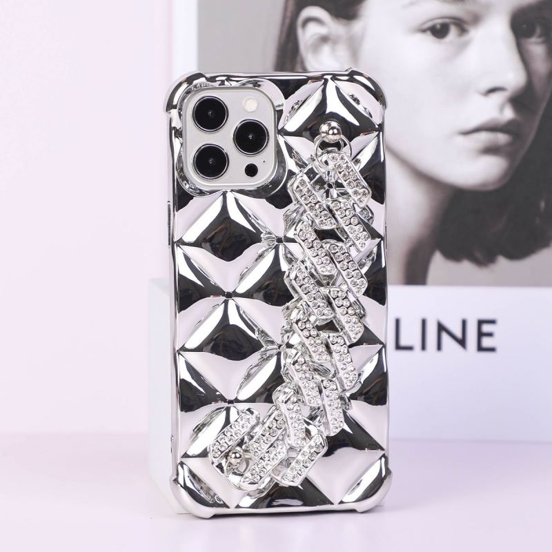 BBYOURS Premium Square Electroplated Silver with Glitter Diamond Chain Phone Case