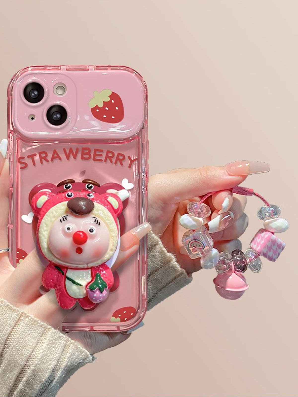 BBYOURS Pink Strawberry Bear Airbag Stand Flip Phone Case