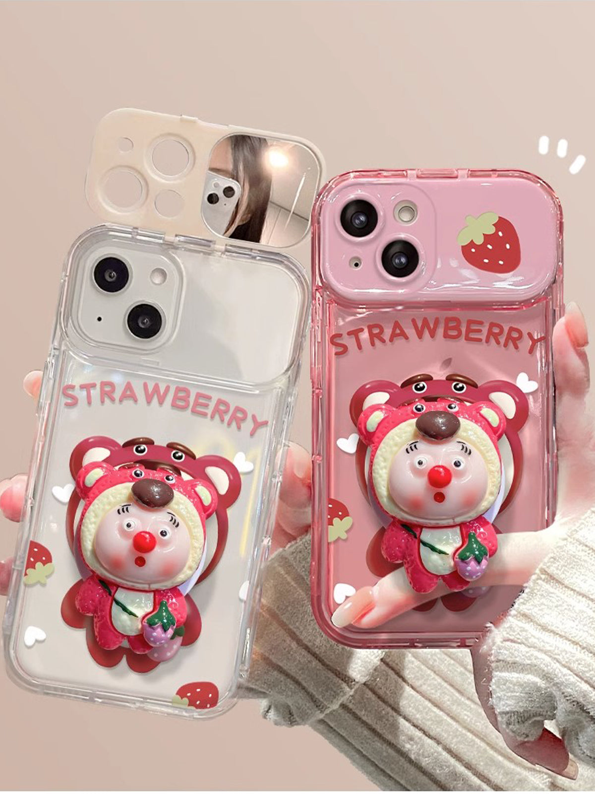 BBYOURS Pink Strawberry Bear Airbag Stand Flip Phone Case