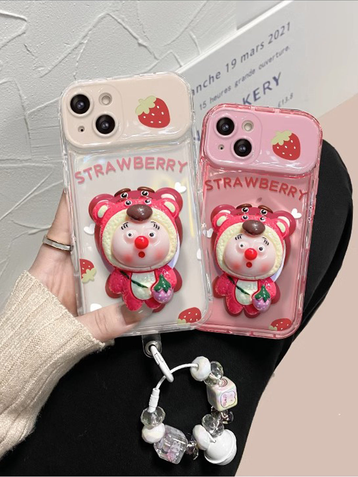 BBYOURS Pink Strawberry Bear Airbag Stand Flip Phone Case